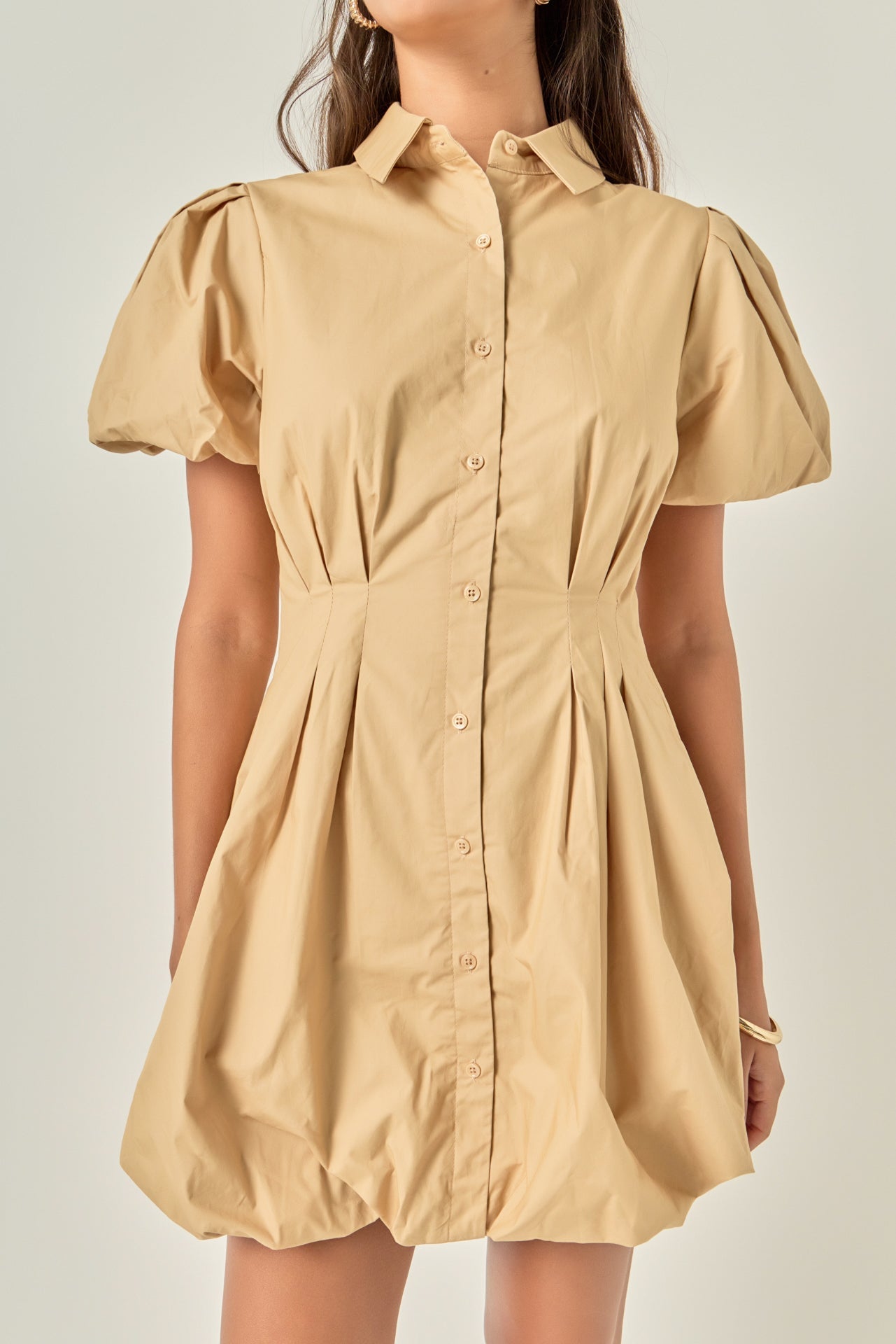 Collared Puff Sleeve Button-Down Bubble Mini Dress