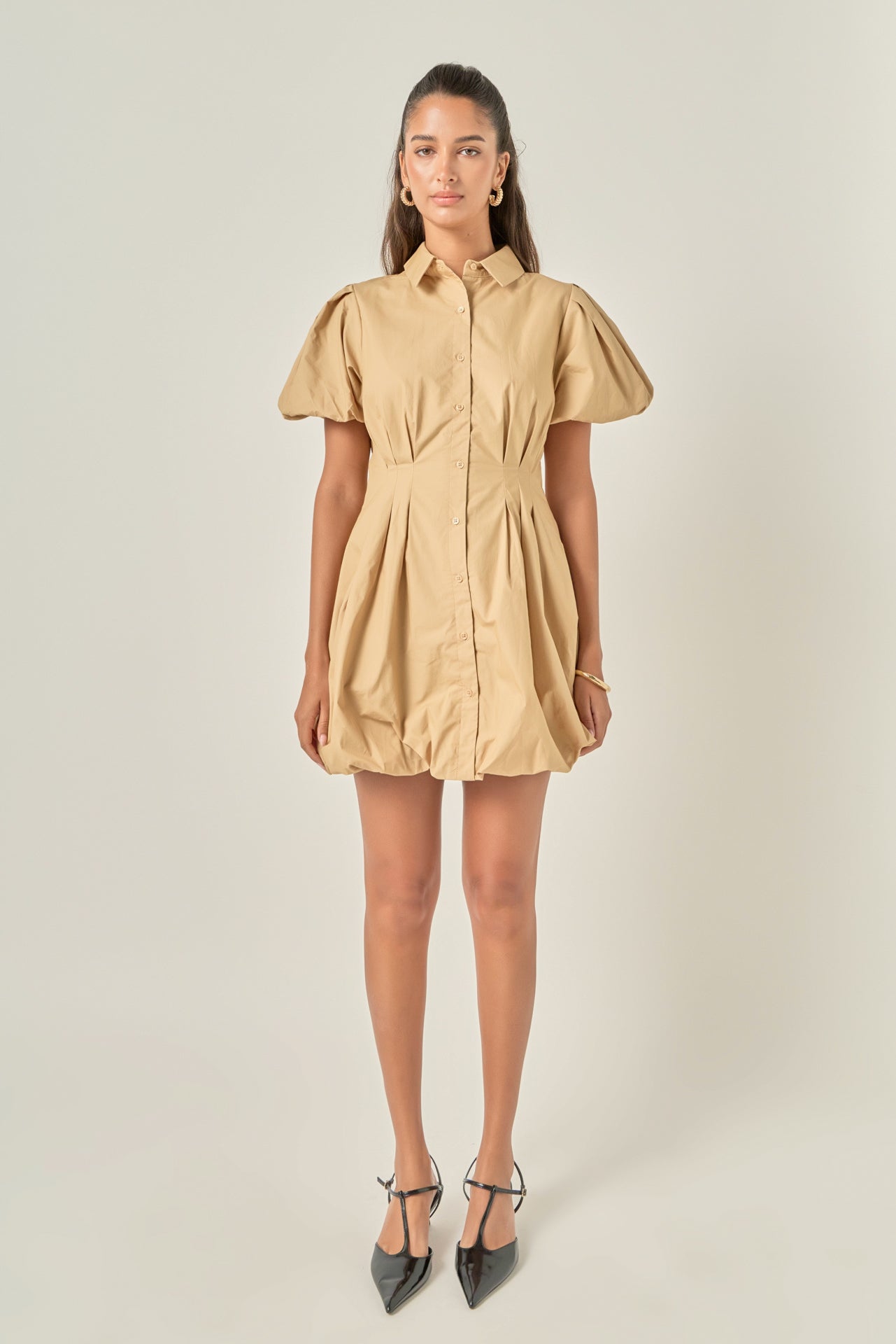 Collared Puff Sleeve Button-Down Bubble Mini Dress