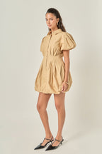 Collared Puff Sleeve Button-Down Bubble Mini Dress