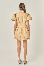 Collared Puff Sleeve Button-Down Bubble Mini Dress