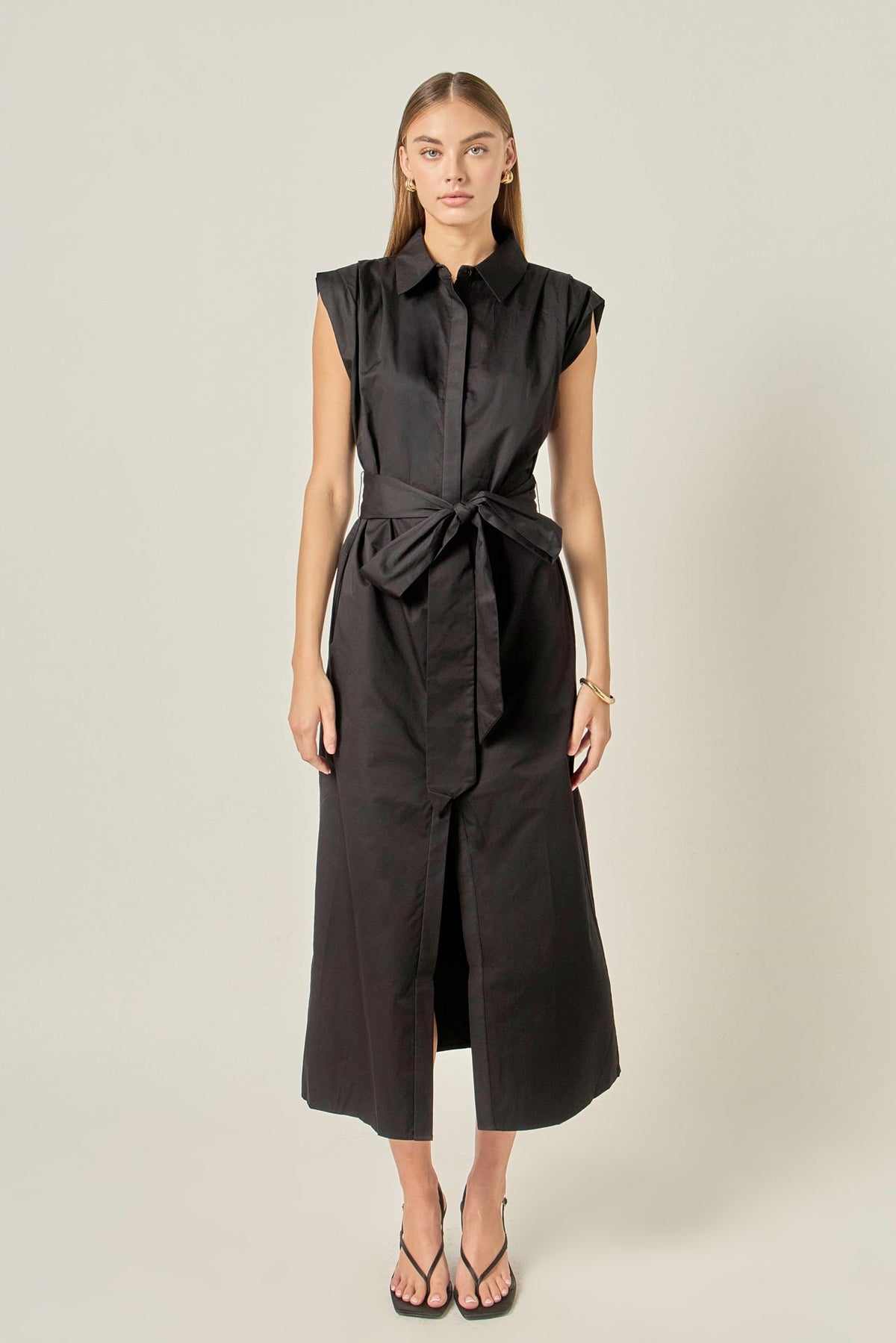 Structured Shoulder Pleat Sleeveless Button-Up Midi Dress