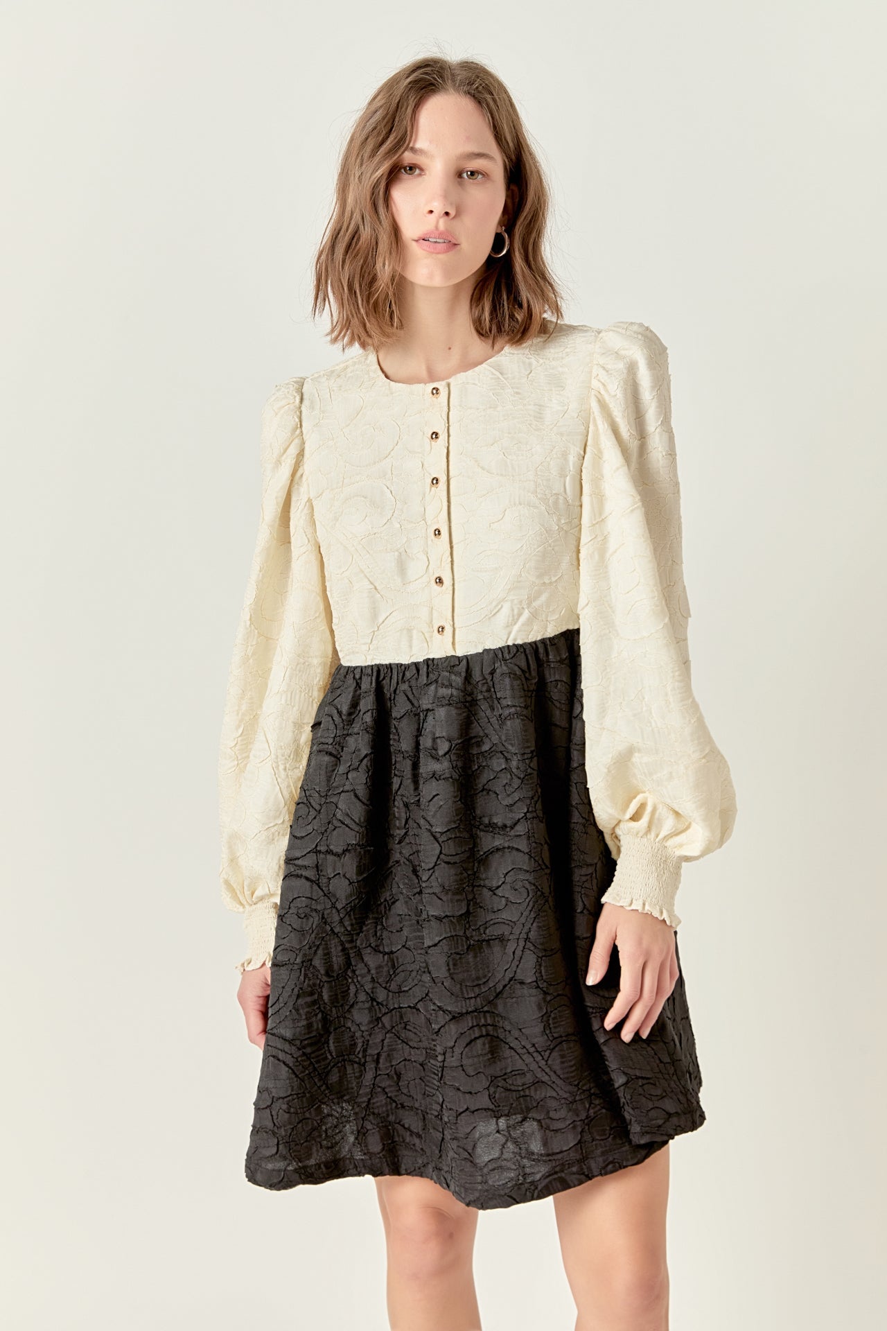 Round Neck Long Blouson Sleeve Button-Down Textured Mini Dress