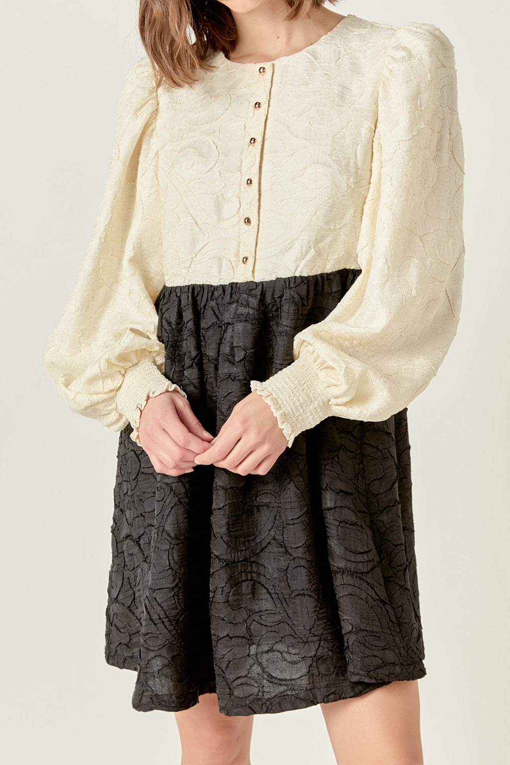 Round Neck Long Blouson Sleeve Button-Down Textured Mini Dress