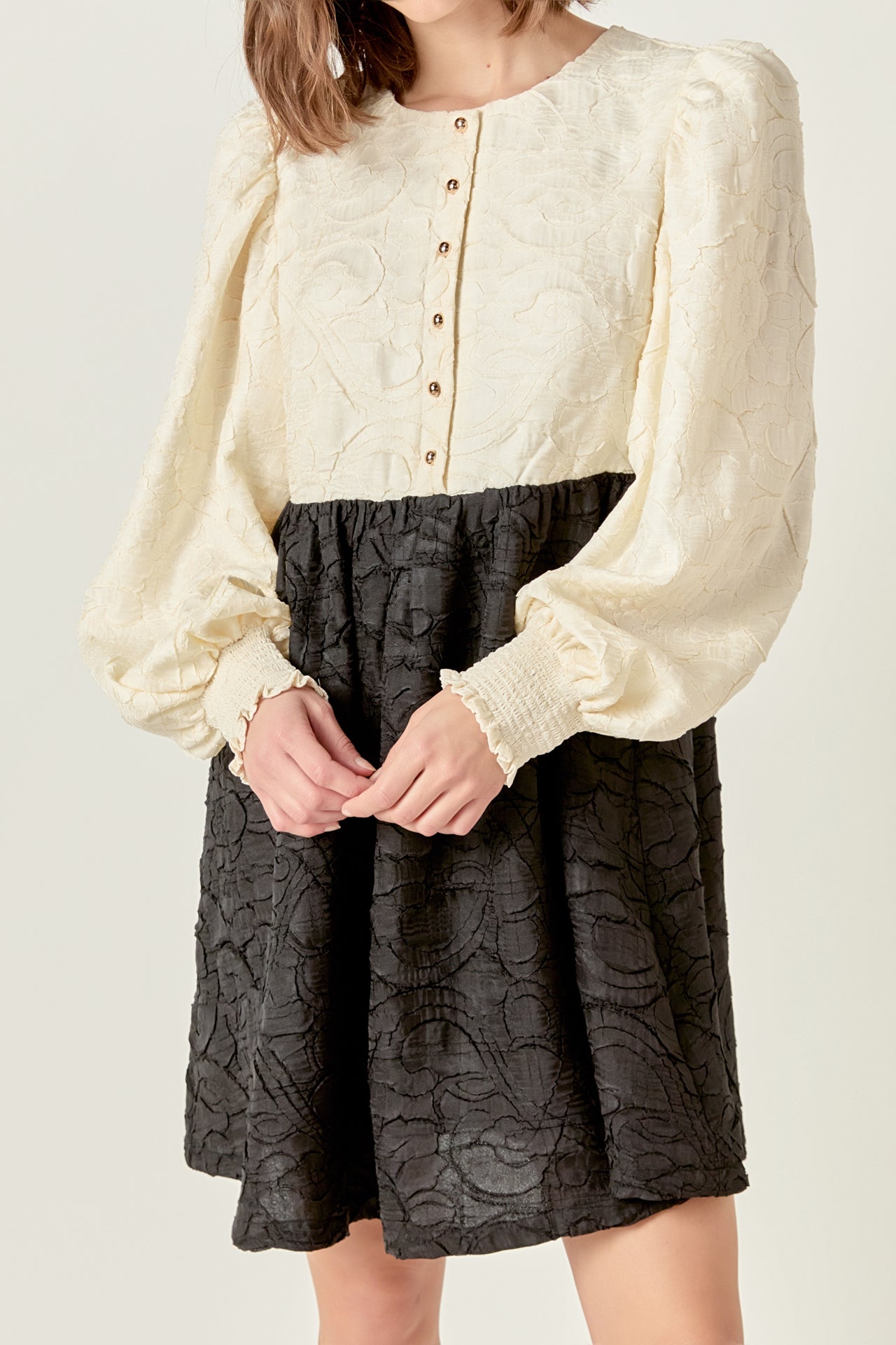 Round Neck Long Blouson Sleeve Button-Down Textured Mini Dress