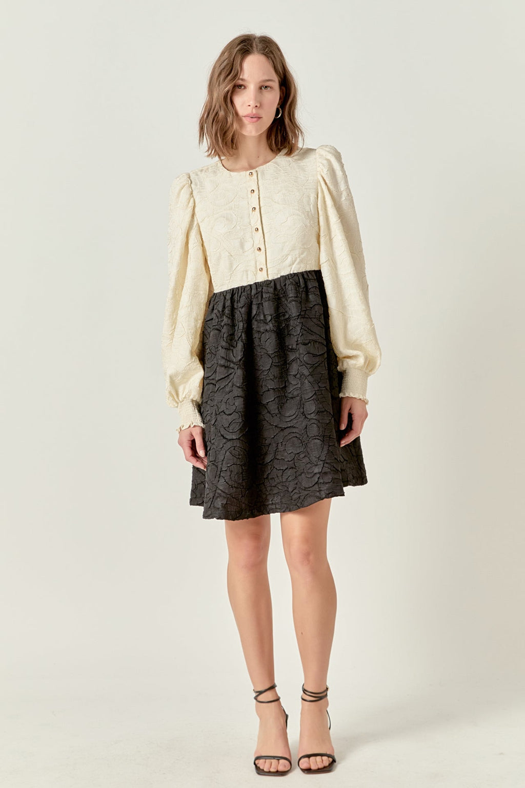 Round Neck Long Blouson Sleeve Button-Down Textured Mini Dress