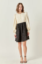 Round Neck Long Blouson Sleeve Button-Down Textured Mini Dress