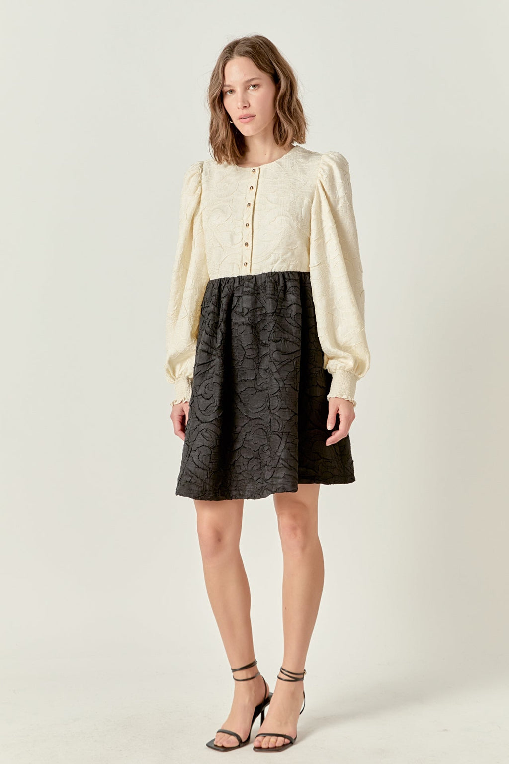 Round Neck Long Blouson Sleeve Button-Down Textured Mini Dress