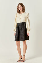 Round Neck Long Blouson Sleeve Button-Down Textured Mini Dress