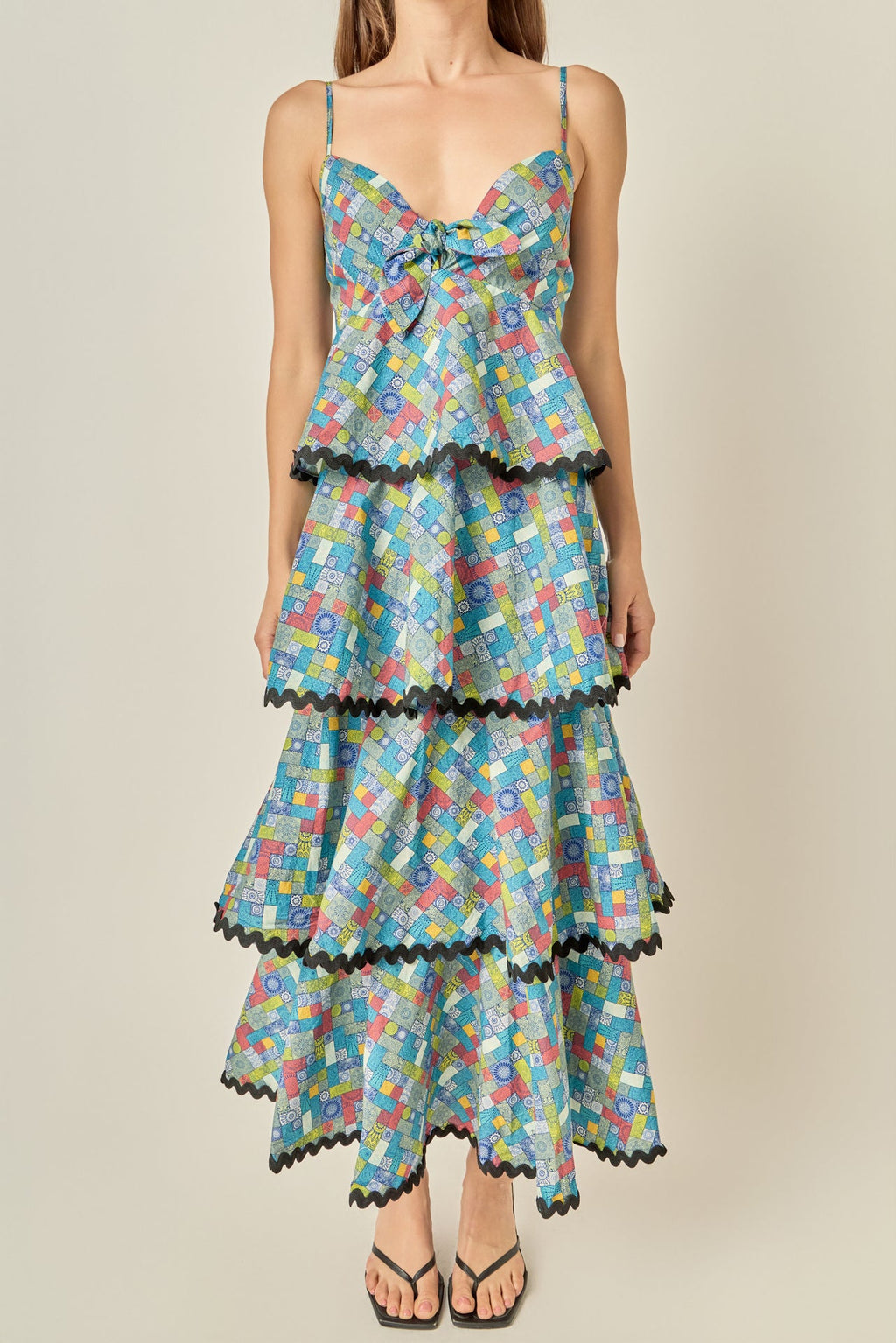 Grid Print Tiered Maxi Dress with Ric Rac Trim