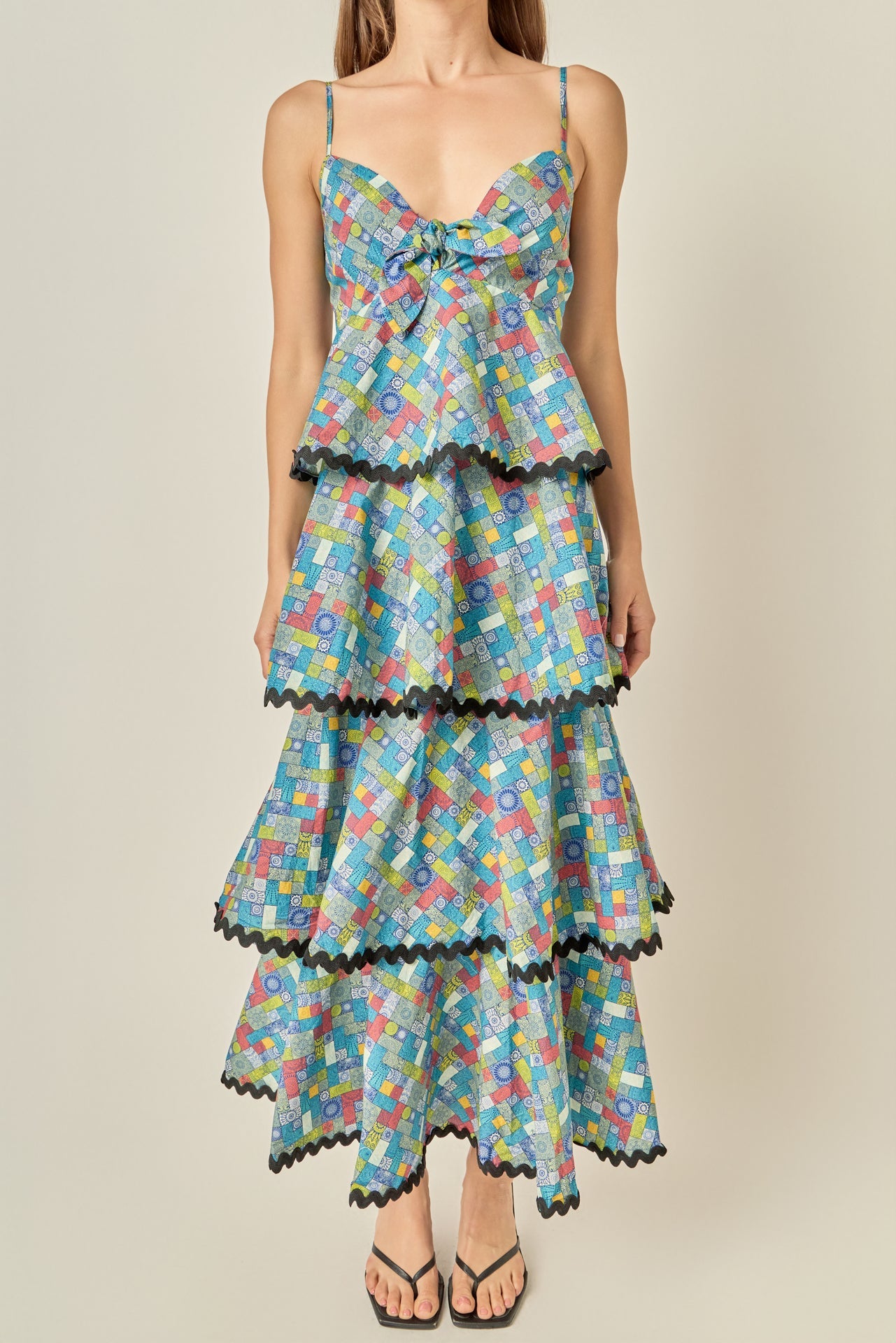 Grid Print Tiered Maxi Dress with Ric Rac Trim