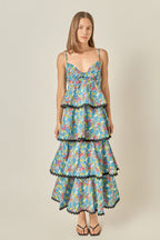 Grid Print Tiered Maxi Dress with Ric Rac Trim