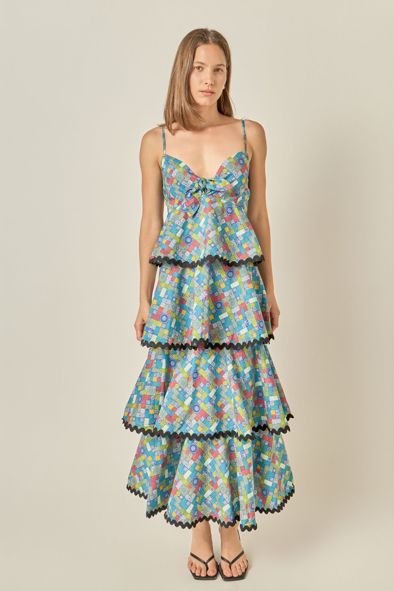 Grid Print Tiered Maxi Dress with Ric Rac Trim