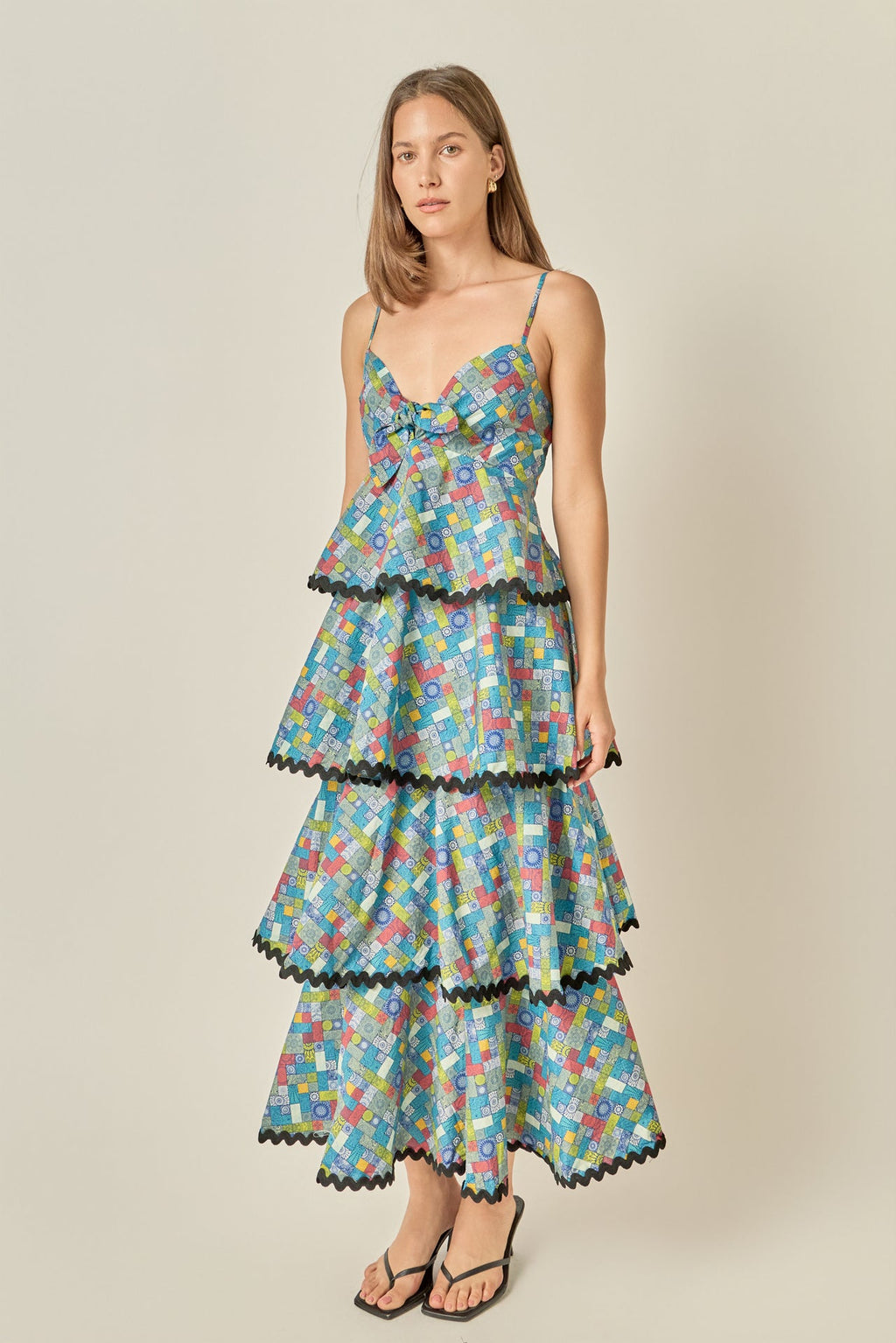 Grid Print Tiered Maxi Dress with Ric Rac Trim
