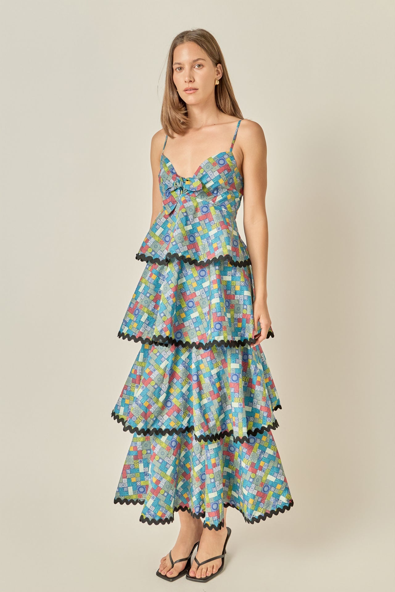 Grid Print Tiered Maxi Dress with Ric Rac Trim