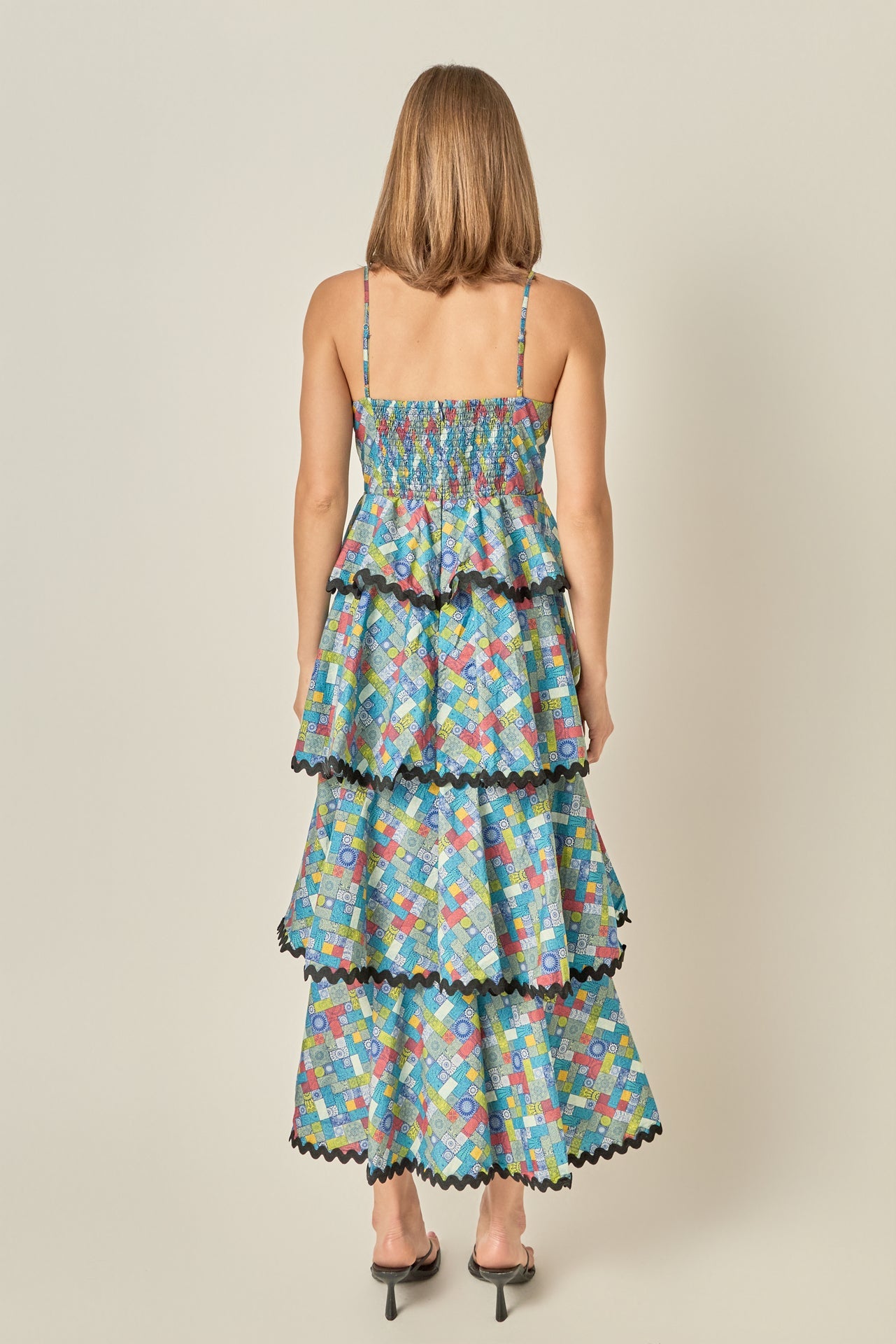 Grid Print Tiered Maxi Dress with Ric Rac Trim