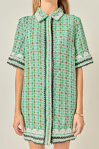 Shirt Collar Short Sleeve Ric Rac Trim Boucle Mini Dress