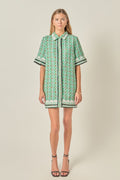 Shirt Collar Short Sleeve Ric Rac Trim Boucle Mini Dress