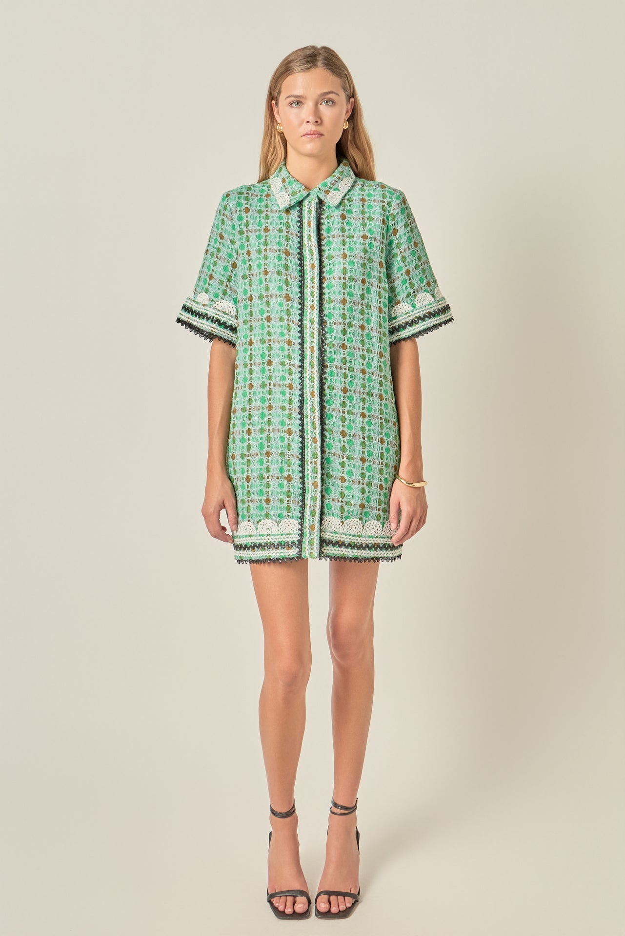 Shirt Collar Short Sleeve Ric Rac Trim Boucle Mini Dress