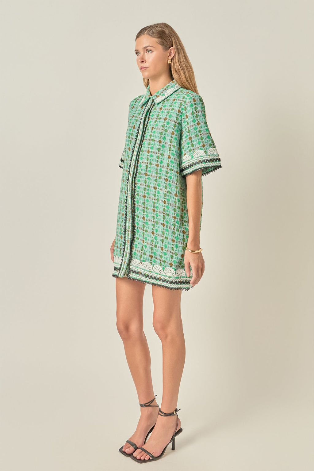 Shirt Collar Short Sleeve Ric Rac Trim Boucle Mini Dress