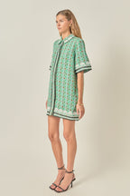 Shirt Collar Short Sleeve Ric Rac Trim Boucle Mini Dress