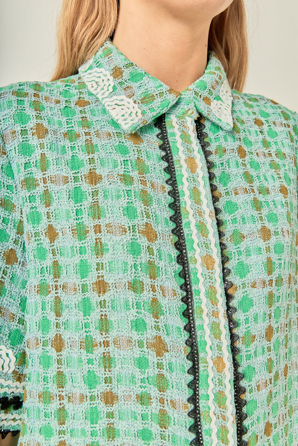 Shirt Collar Short Sleeve Ric Rac Trim Boucle Mini Dress