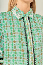 Shirt Collar Short Sleeve Ric Rac Trim Boucle Mini Dress