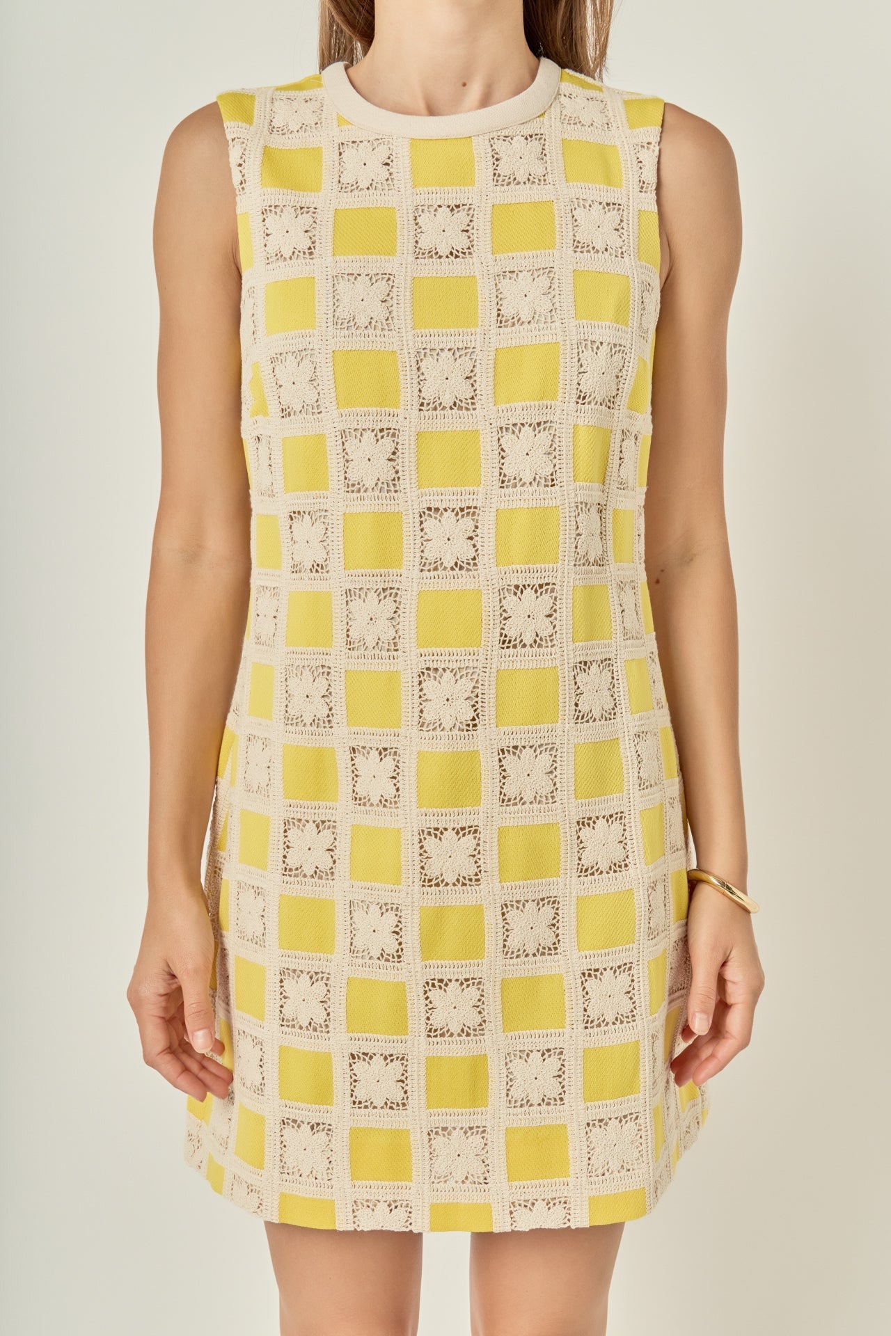 Floral Crochet Patchwork Sleeveless Round Neck Cotton Mini Dress