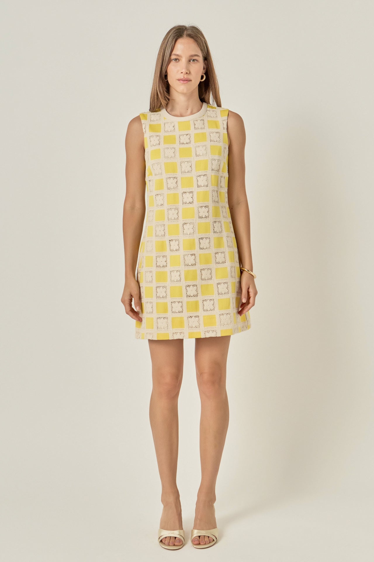 Floral Crochet Patchwork Sleeveless Round Neck Cotton Mini Dress