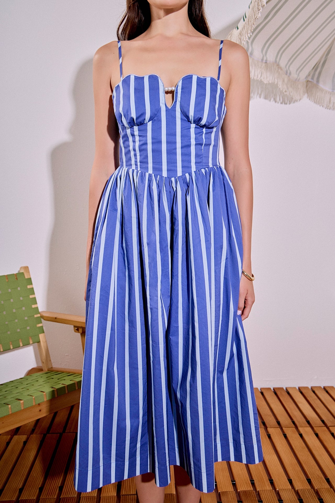 Stripe Poplin Smocked Back Pearl Bust Contour Midi Dress