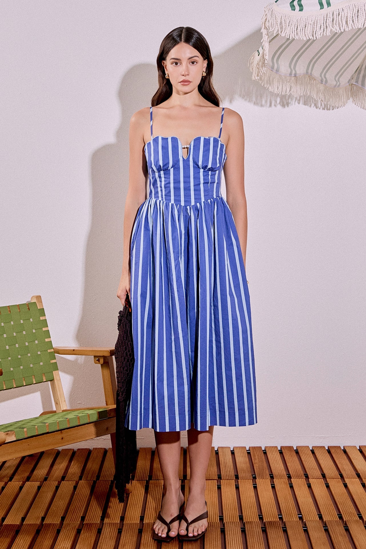 Stripe Poplin Smocked Back Pearl Bust Contour Midi Dress