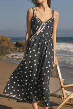 Polka Dot Lace-Up Neckline Empire Waist Tencel Maxi Dress