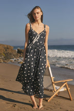 Polka Dot Lace-Up Neckline Empire Waist Tencel Maxi Dress