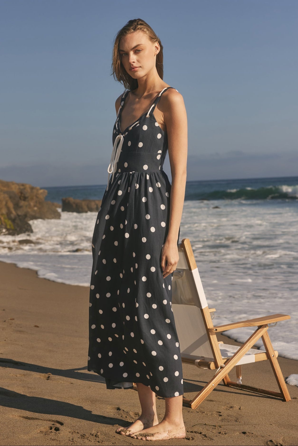 Polka Dot Lace-Up Neckline Empire Waist Tencel Maxi Dress