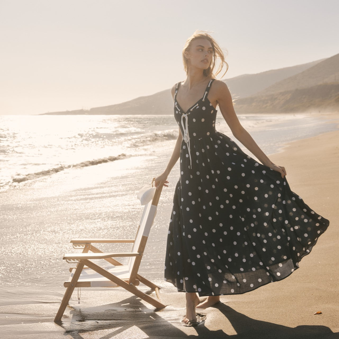 Polka Dot Lace-Up Neckline Empire Waist Tencel Maxi Dress