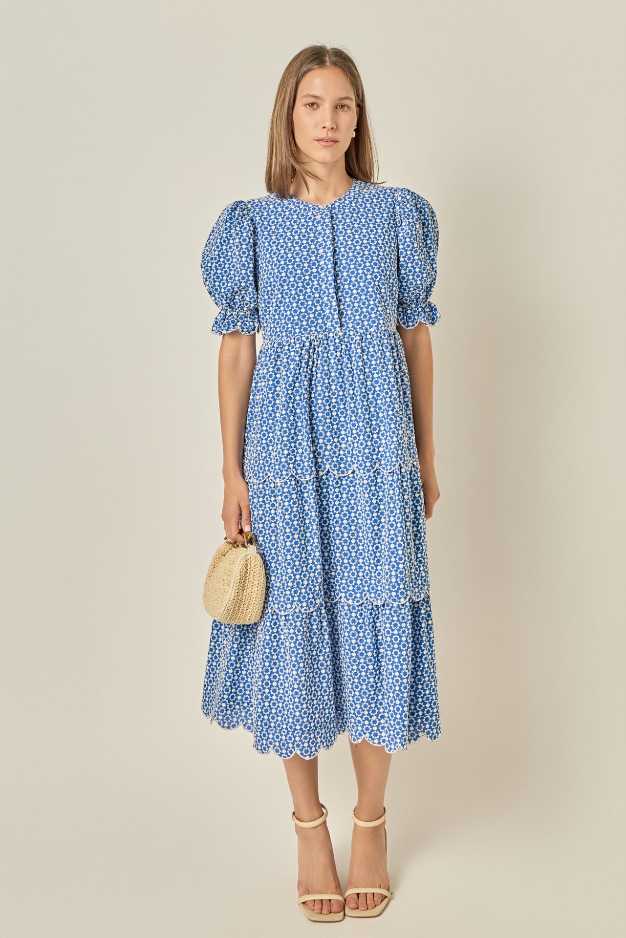 Floral Print Scallop Trim Puff Sleeve Tiered Midi Dress
