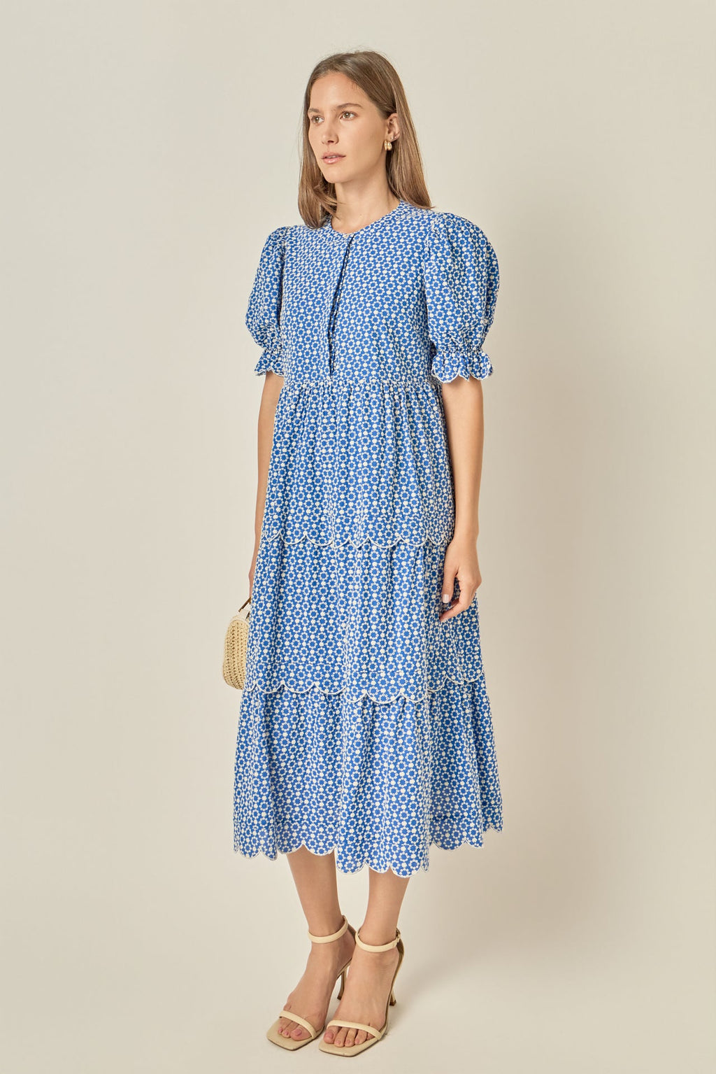 Floral Print Scallop Trim Puff Sleeve Tiered Midi Dress