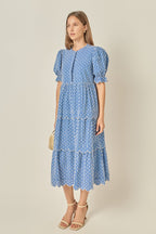 Floral Print Scallop Trim Puff Sleeve Tiered Midi Dress