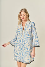 Collared V-Neck Long Sleeve Floral Embroidery Mini Dress