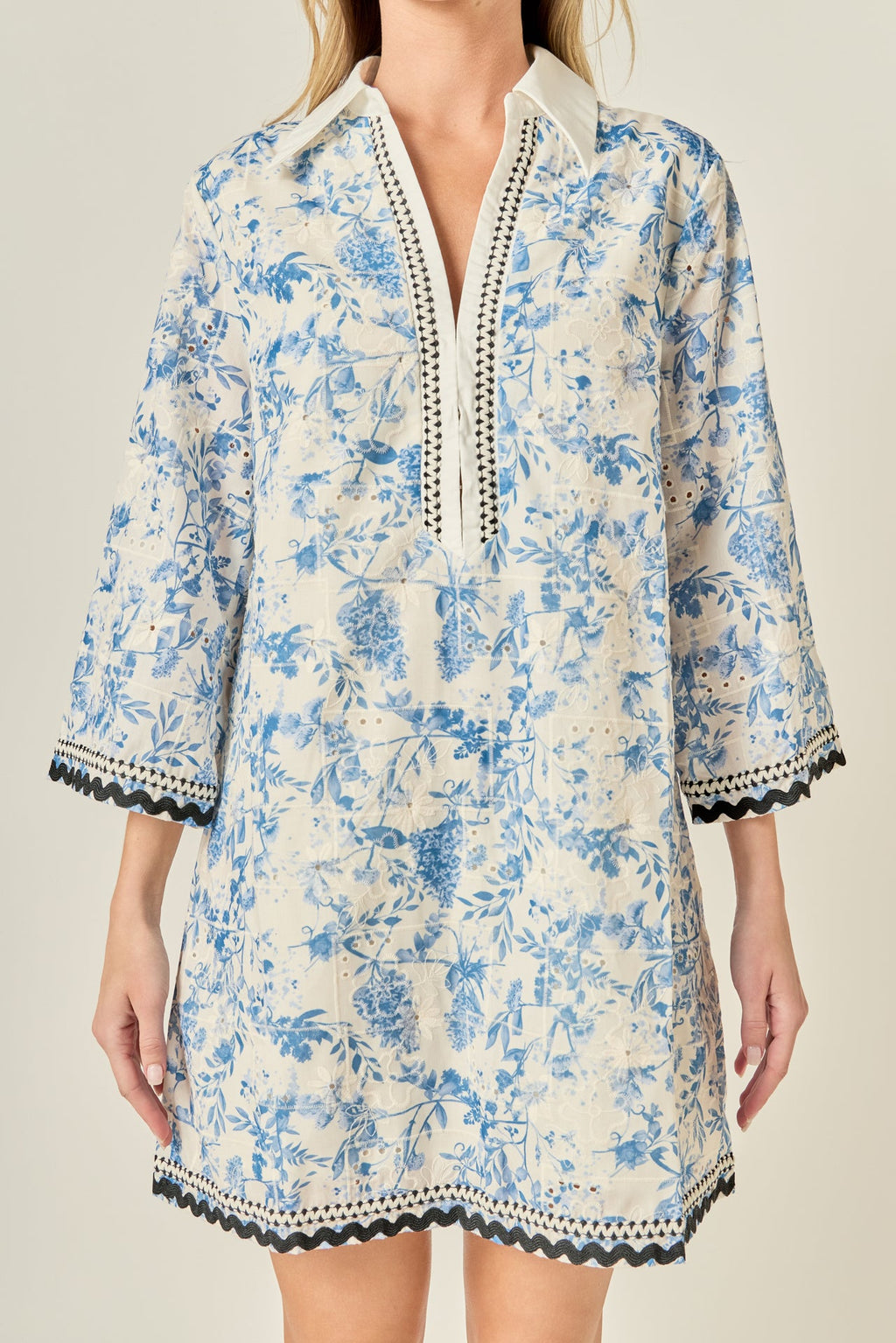Collared V-Neck Long Sleeve Floral Embroidery Mini Dress