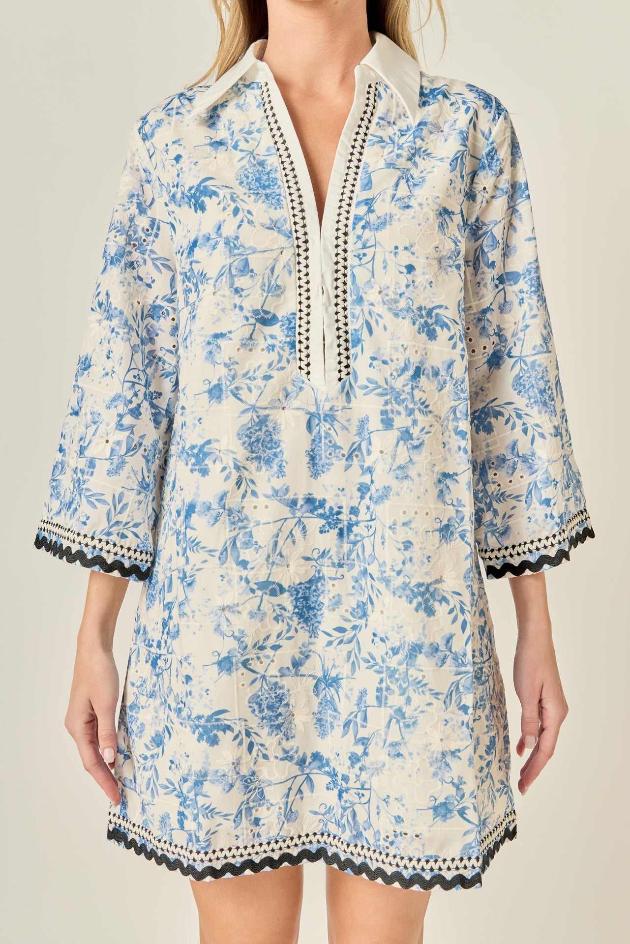 Collared V-Neck Long Sleeve Floral Embroidery Mini Dress