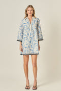 Collared V-Neck Long Sleeve Floral Embroidery Mini Dress