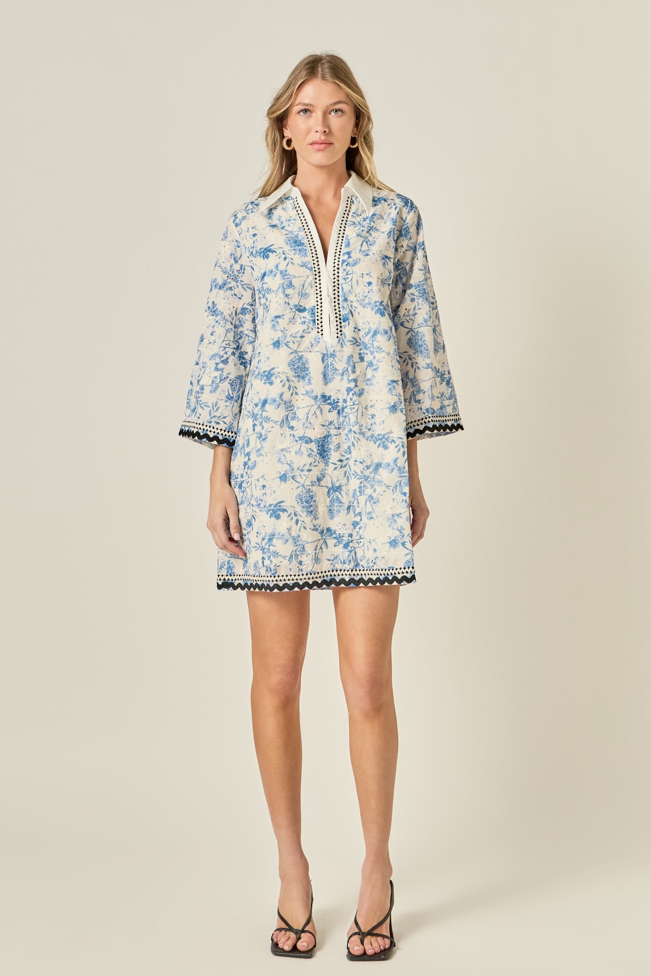 Collared V-Neck Long Sleeve Floral Embroidery Mini Dress