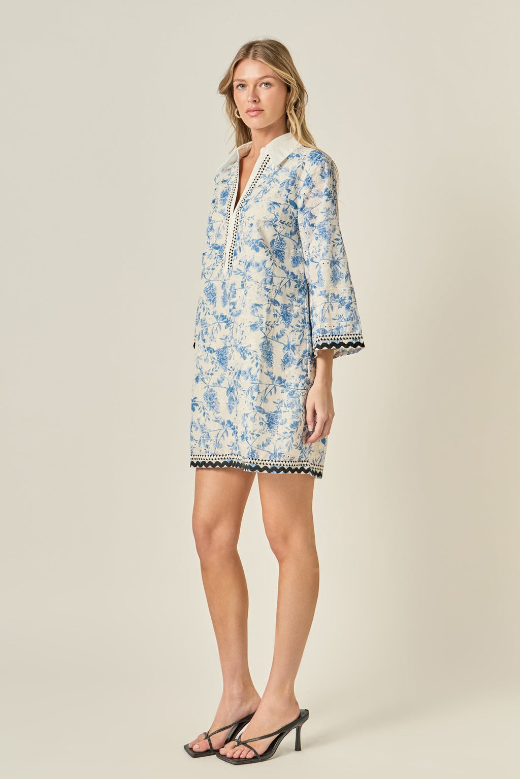 Collared V-Neck Long Sleeve Floral Embroidery Mini Dress