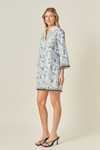 Collared V-Neck Long Sleeve Floral Embroidery Mini Dress