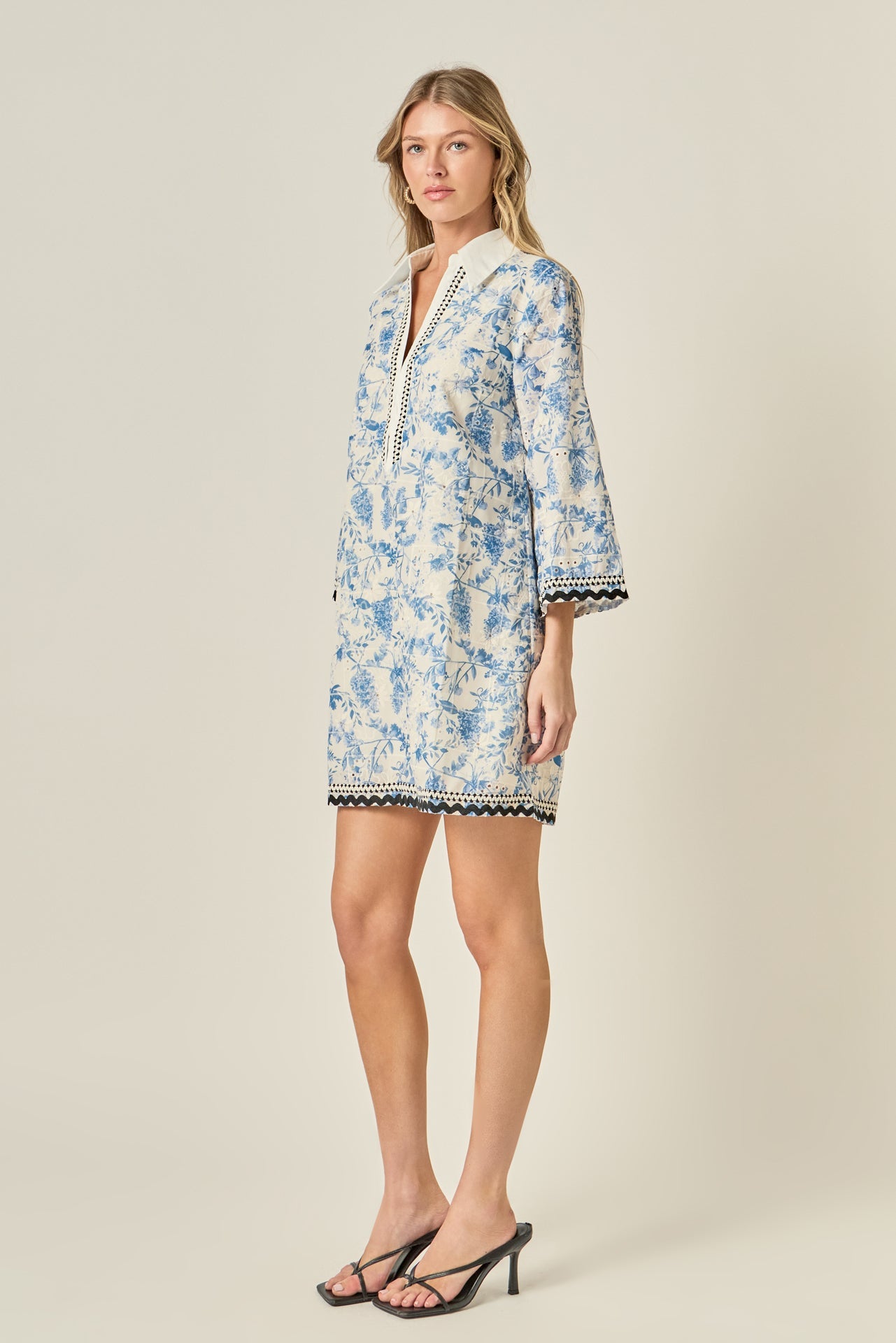 Collared V-Neck Long Sleeve Floral Embroidery Mini Dress