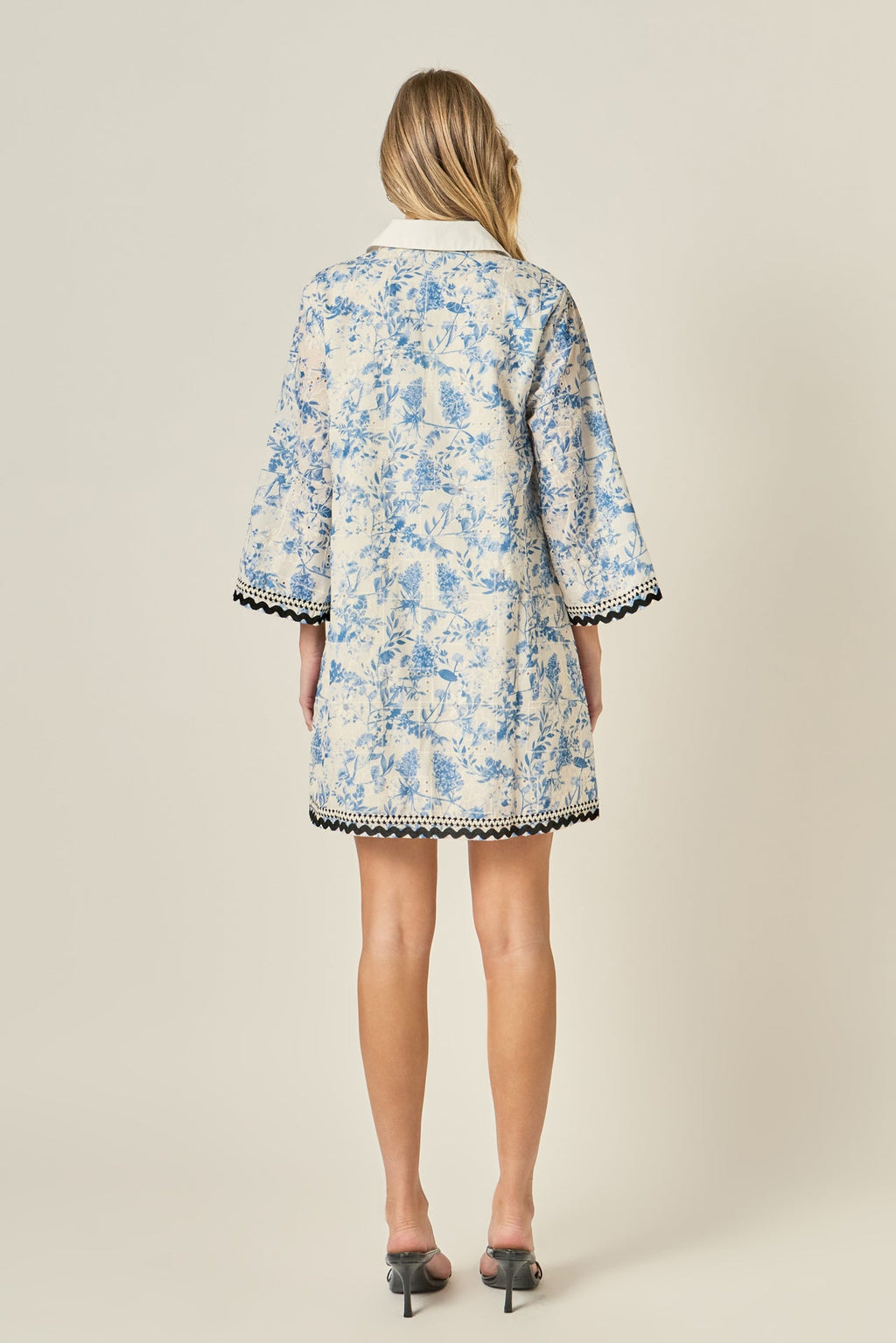 Collared V-Neck Long Sleeve Floral Embroidery Mini Dress