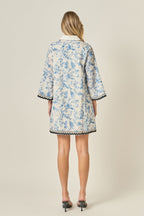 Collared V-Neck Long Sleeve Floral Embroidery Mini Dress