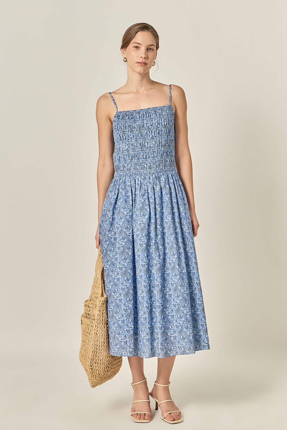 Paisley Print Smocked Bodice Spaghetti Strap A-Line Midi Dress
