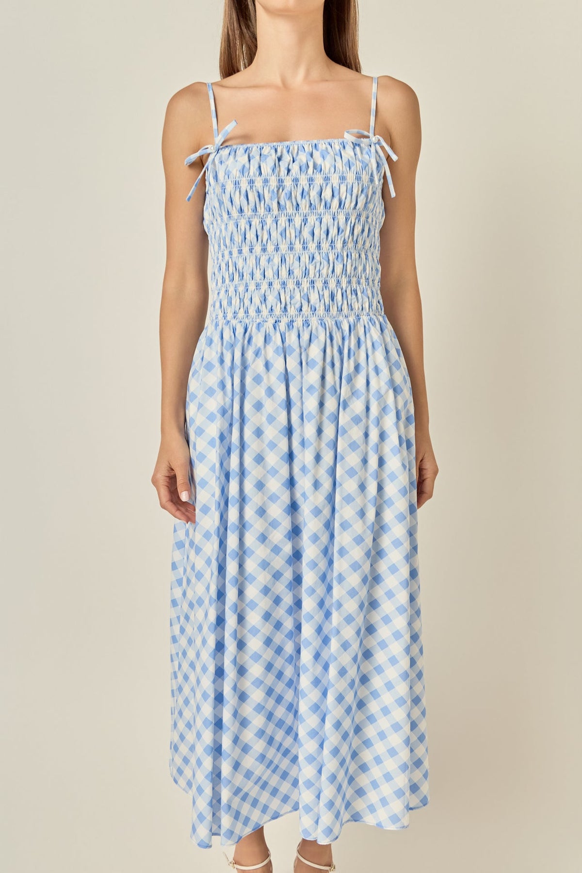 Gingham Smocked Bodice Square Neck Bow Strap Midi Dress