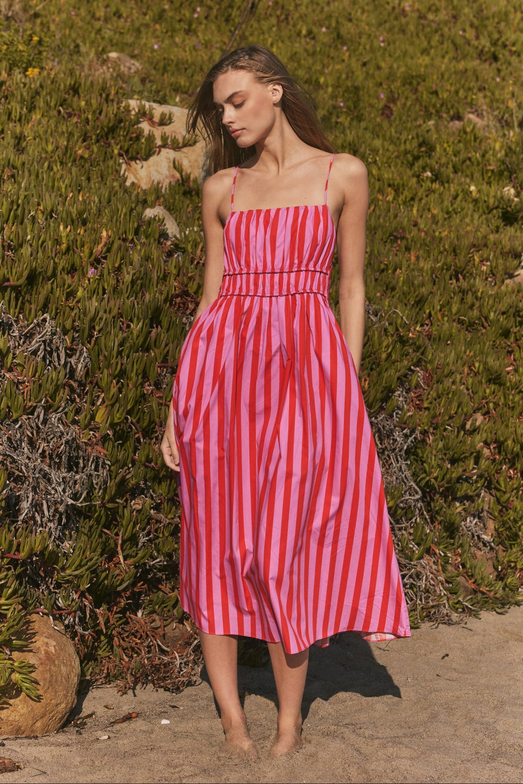Maxikleid aus Popeline mit Multicolor-Streifen, gesmokter Taille und Empire-Schnitt